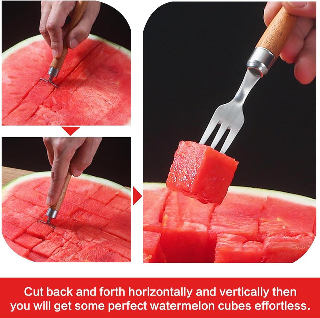 Wooden Handle Fruit Fork & Slicer, Stainless Steel Double Ended Cutter for Watermelon, Melon, Portable Kitchen Gadget (2PCS)