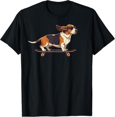 Basset Hound Skateboarder Lunettes de Soleil Chien Graphique Homme Coton Col Rond Casual Voyage T-shirt