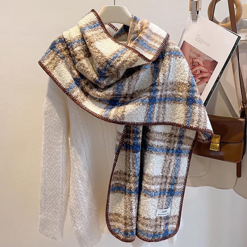 Retro black and white plaid imitation lamb wool scarf women's winter thickened warm plaid scarf fashion shawl dual-purpose