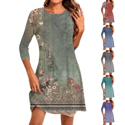 Women's Fashion Casual Print Round Neck Three-quarter Sleeve Short Dress