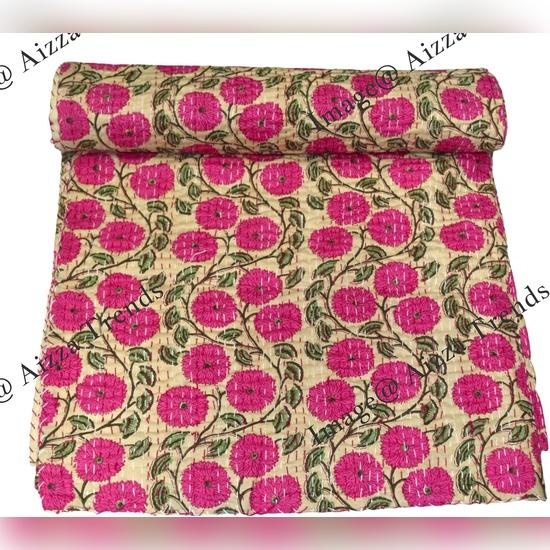 Aizza Trends Cuvertură Kantha din Bumbac Pur Imprimat Lucrată Manual - Aspect Tradițional Cuvertură de Pat Kantha Gudri - Gudri Vintage Cusute Manual