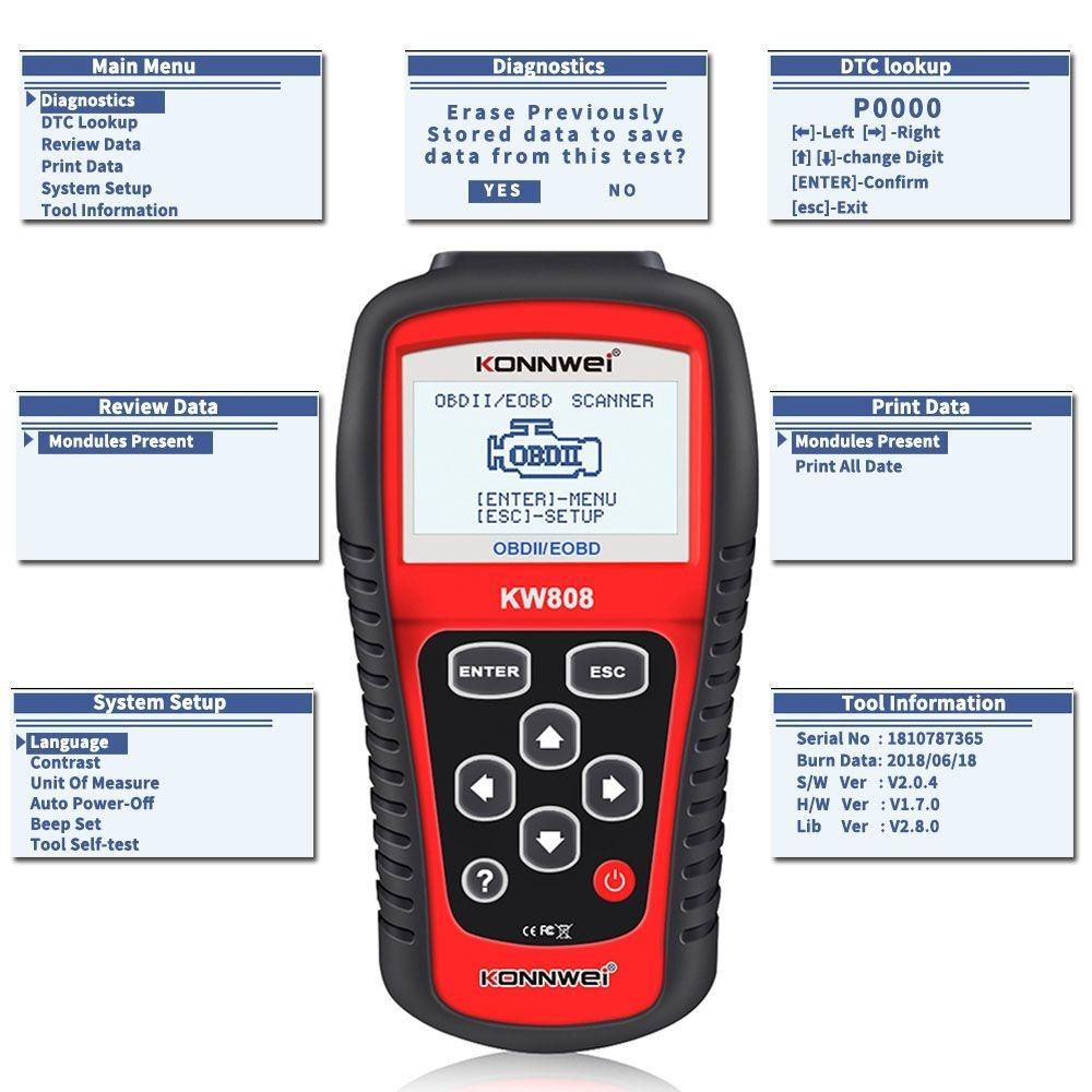 KONNWEI KW808 OBD2 Auto skener OBD2 Automotive Diagnostic Scanner Tool Nástroje na čítanie chybových kódov motora pre autá