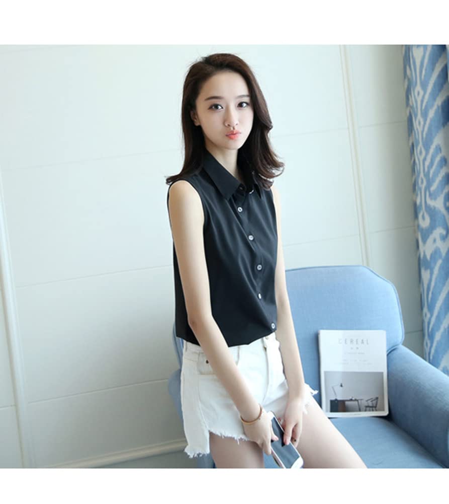 Ermeløs Chiffon Krage Slim Skjortekjole Skjorte Kort Ermet Business Krage [Formanism] Kvinners (M, svart)