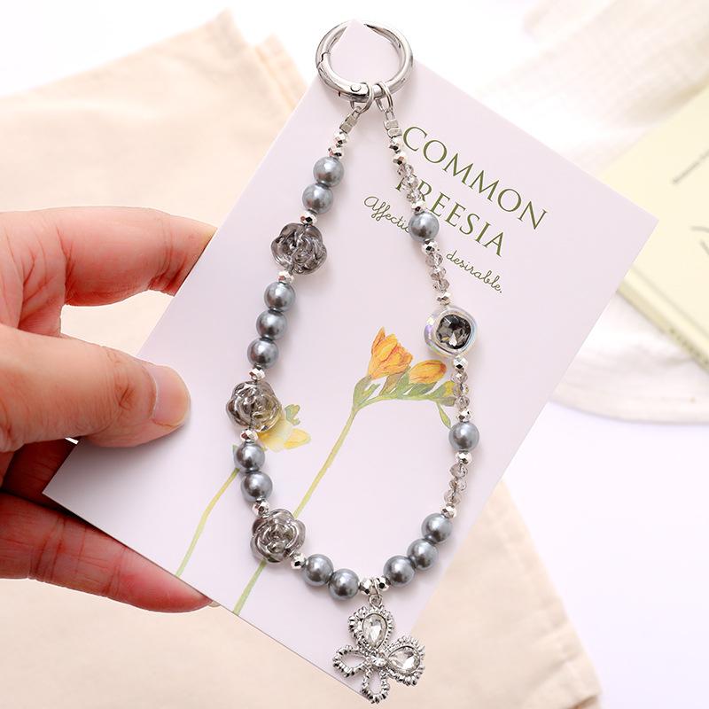 Light Luxury Premium Mobile Phone Chain Crystal butterfly Beaded Keychain Exquisite Little fairy Phone case Chain Bead серый