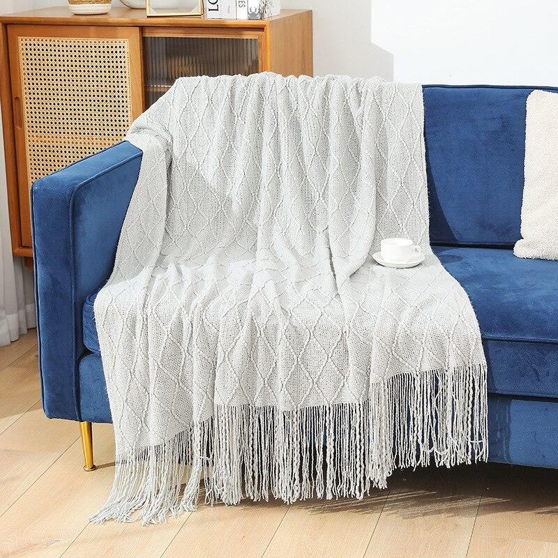 130X180CM Retro Diamond Plaid Wool Tassel Hem Blanket Solid Color Knitted Sofa Home Office Rest Cover Blankets Soft Comfortable