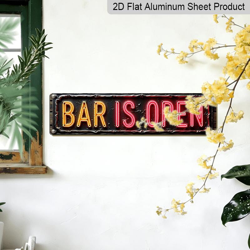2D Flat Aluminium Decorative Sign- A Retro-Style Neon Sign in 2D Flat Design, Showcasing Illuminated 'Bar Is Open' Text, Perfect for Bars