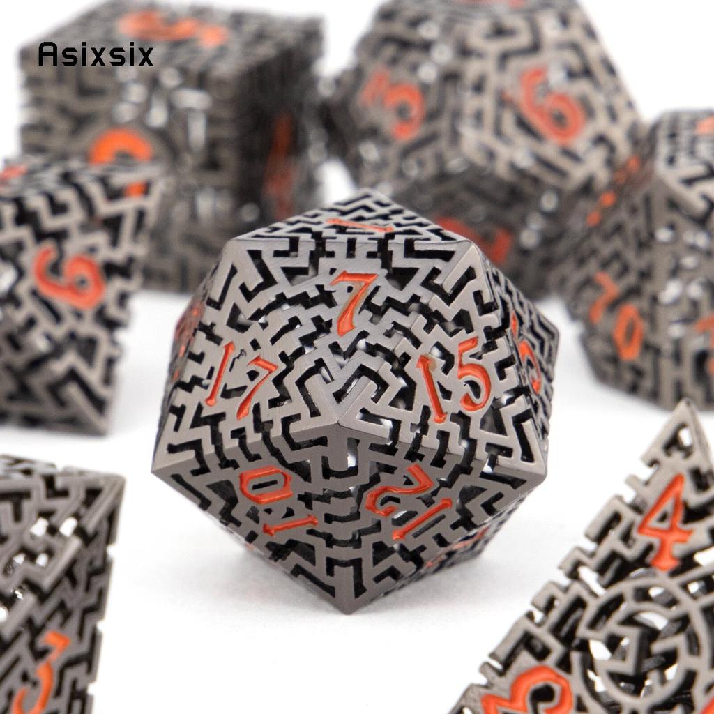 7 Pcs Black Red Metal Dice Maze Hollow Metal Polyhedral Dice Set Suitable for Role-Playing RPG Board Game Card Game