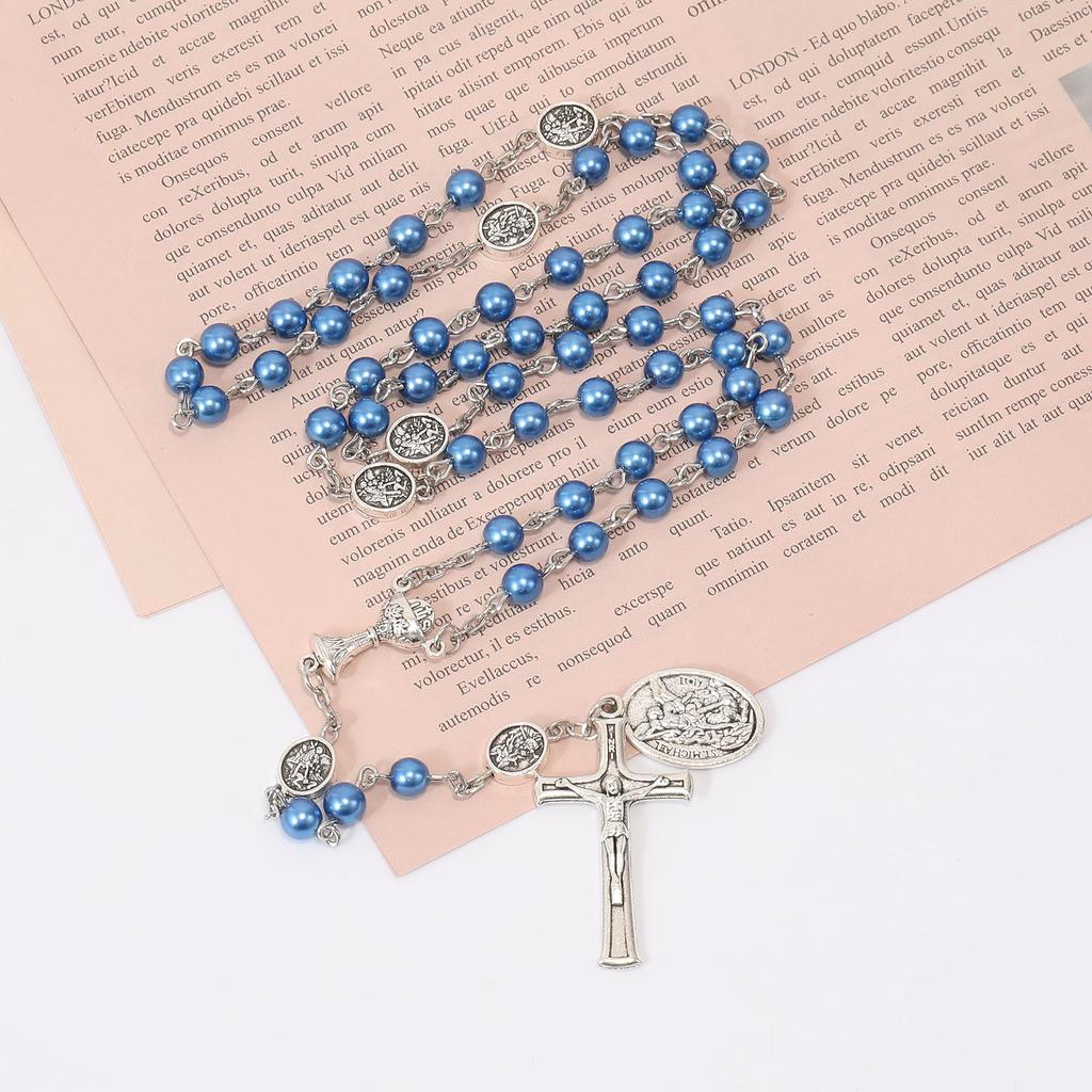 Nazareth Store 8mm Pearl Bead Rosary Necklace with Saint Michael Medal & Grail Centerpiece, Holy Communion Rosary, 8mm, Glass Pearl, No Gemstones