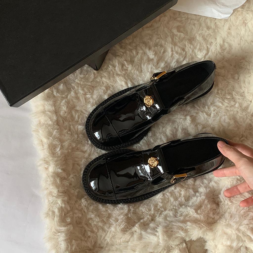 Rindslederversion~ Französische Retro Mary Jane kleine Lederschuhe Damen Kamelie mit Goldmünzen Slipper Echtleder Einzelschuhe