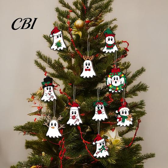 Halloween Christmas Hybrid Decor Ghost Ornaments, Wooden Tree Decorations with Santa Hats Cute Holiday Window Gothic Skull, Hanging Xmas Winter