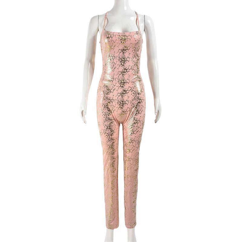 

Elastic Glossy Jumpsuit Fashion Sleeveless Backless Lace up Metallic Gloss 51169 Jumpsuit Pink In Stock 48 hours hair L