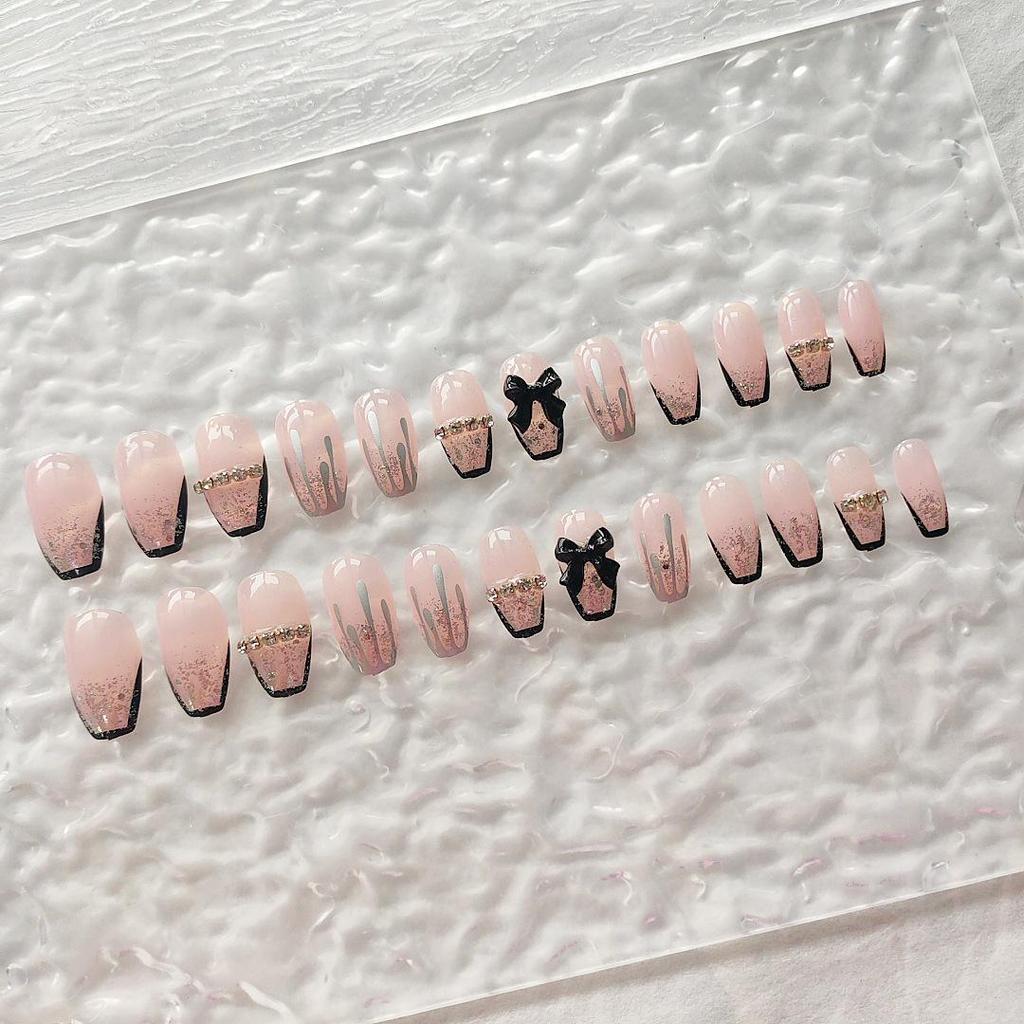 French Black Bow Quicksand Removable Fake Nail Set