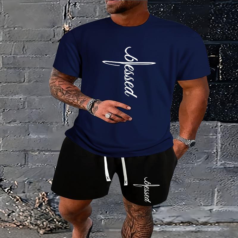 

Men s two-piece stylish casual wear: spring and summer short-sleeved T-shirt and drawstring shorts, men s printed clothing S