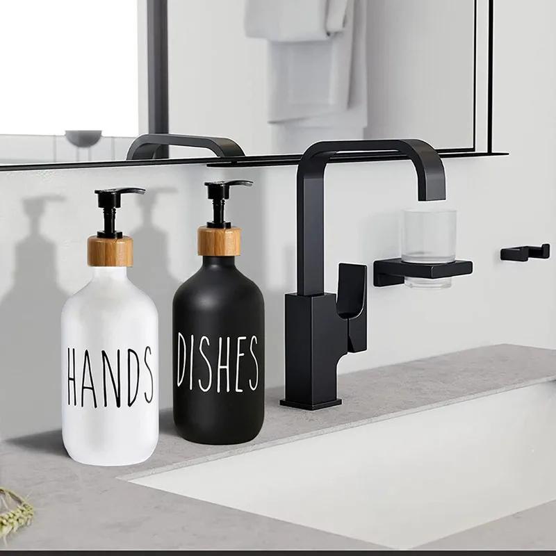 500ml Hand Spülmittelspender Set mit Bambusablage Nachfüllbare Plastikflasche Shampoo Duschgel Lotion Flüssigkeit Leerer Behälter