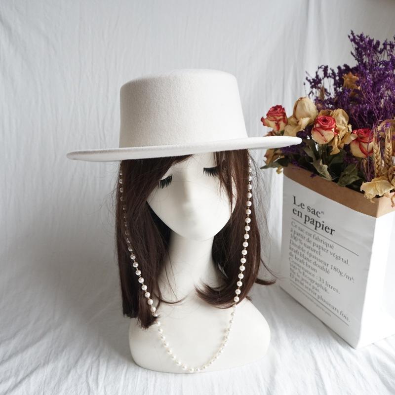 Korean White Woolen Flat Top Top Hat Women'S Autumn And Winter Wide Brim French Retro Foreign Trade Light Board Felt British Hat