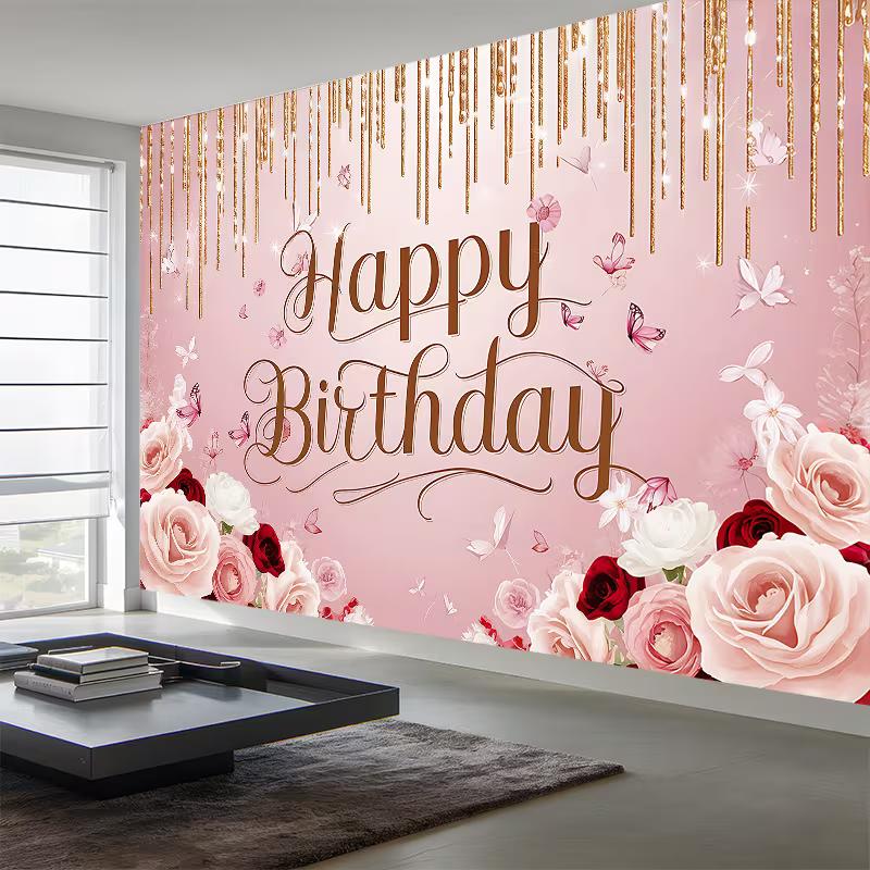 2D Romantic Pink Floral Birthday Backdrop Girls' & Adult Celebration Photo Background