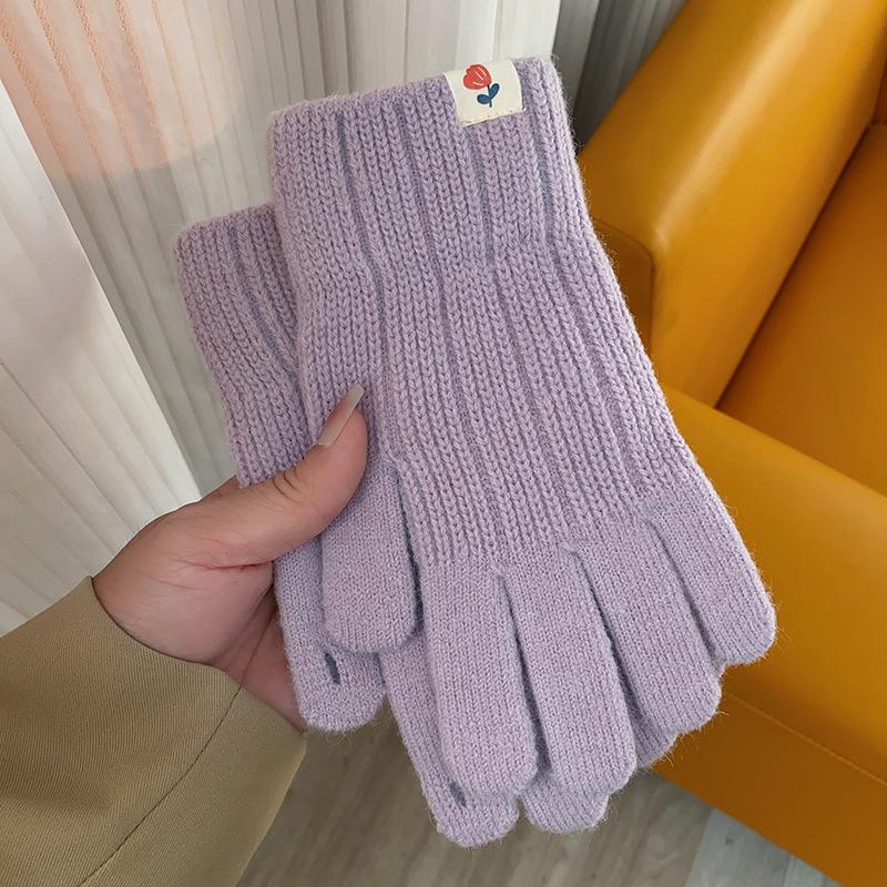 Warm Gloves for Men and Women In Autumn and Winter Solid Color Simple Versatile Woolen Knitted Brushed Thickened Five Finger Split