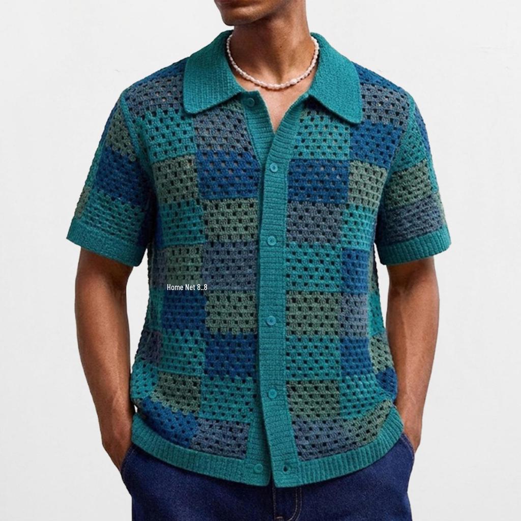 Men's European & American Hand-knit Short Sleeve Cardigan Polo Shirt