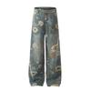Pantaloni Larghi in Denim con Stampa Floreale All-Over Taglio Dritto Vita Media Unisex Stile Streetwear Abbigliamento Casual
