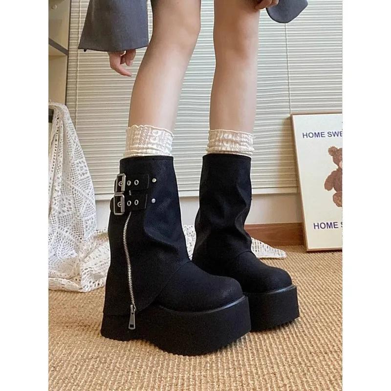 Fashion Tassel Boots for Women Retro Gothic Trend Women Boots Chelsea Mid Heels Motorcycle Boots Women Fashion Knee High Botas
