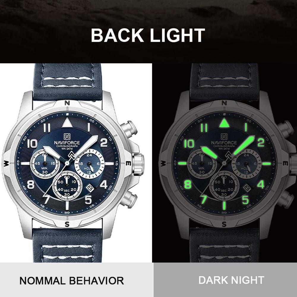 NAVIFORCE Original Men Quartz Watch Chronograph Mini Dial Calendar Date Leather Strap Luminous Hands 30m Waterproof Men Watch Gift NF8077