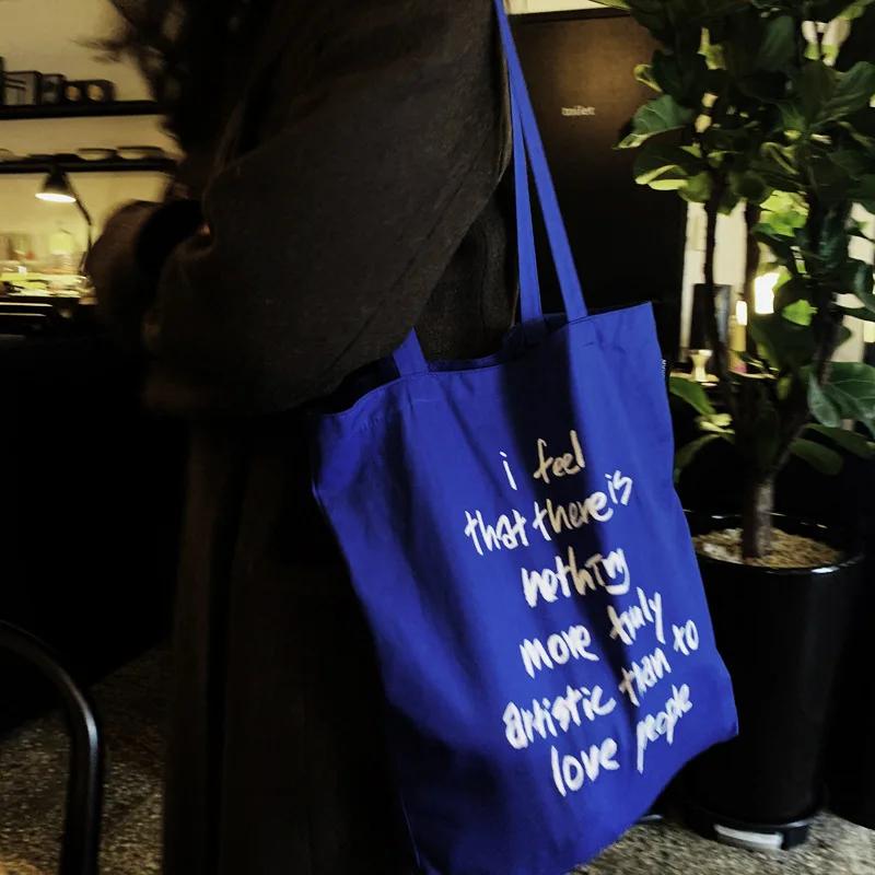 

Retro Blue Student Girls Book Purse Handbags Women Large Casual Tote Shopping Bag Letter Pattern Female Thin Canvas Shoulder Bag 35x39cm
