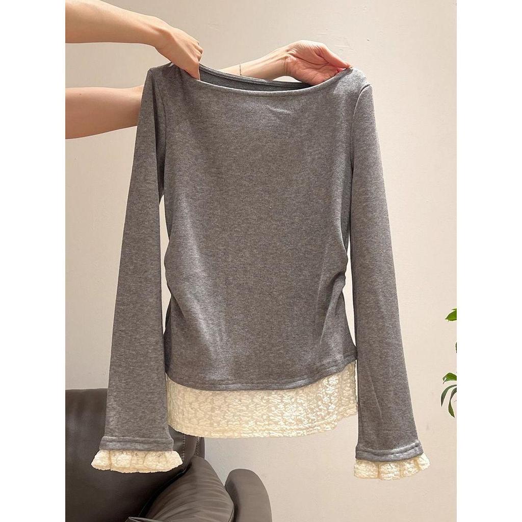 Sweet Apricot Ruched Waist Ruffle Long Sleeve Knit Top