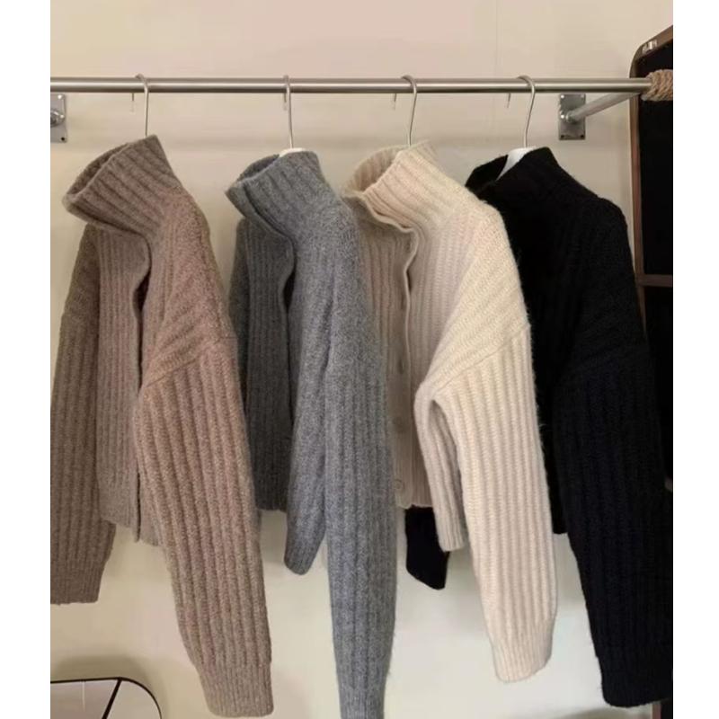 Winter High-neck Pit Strip Soft Waxy Single-breasted Thick-knit Cardigan, Warm, Loose, Simple and Lazy Style Thick Sweater Women