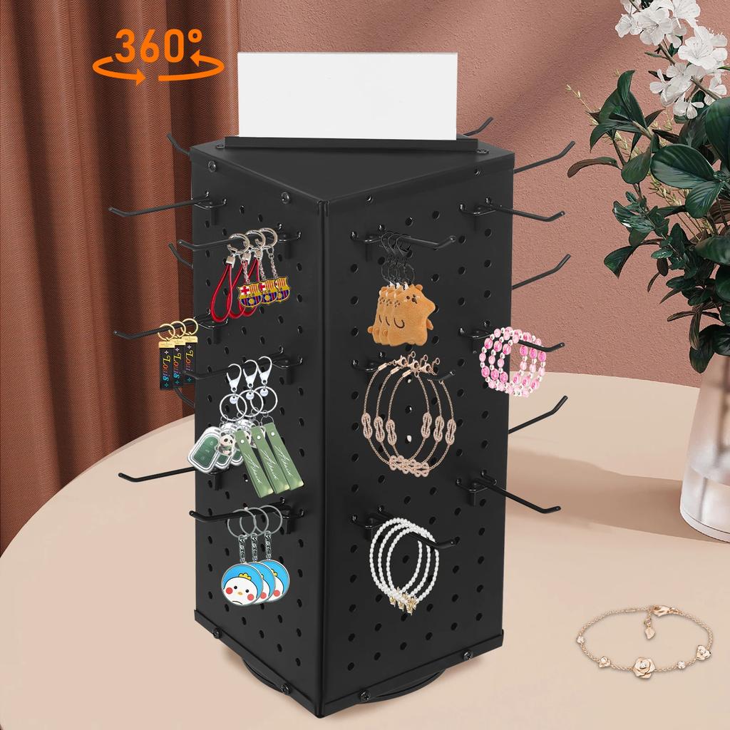 360° Rotating Pegboard Display Stand - 4-Sided Craft Organizer with 24 Hooks - 17in Modern Steel Storage Rack for Home & Office