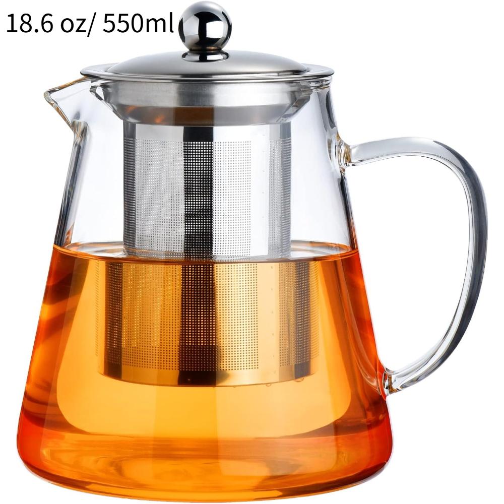 18.6 Oz/550Ml Glass Teapot Stovetop Borosilicate Clear Tea Kettle With Removable Stainless Steel Tea Brewer For Camping,Travel