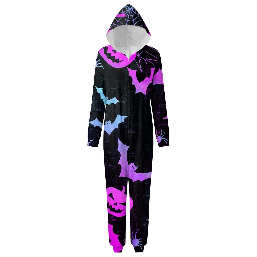 Halloween Printed Family Matching Hooded Long Sleeved Zippered Hooded Jumpsuit Set