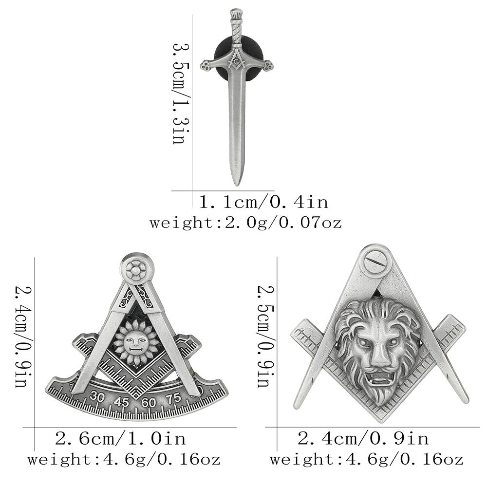 3 Styles Vintage Masonic Emblem Sword Shaped Brooches Sun Lion Head Design Freemason Emblem Pins Mason Badge