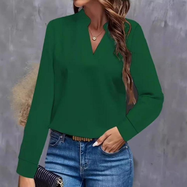 Women Autumn Spring Long Sleeve Blouse Loose Top Solid White V-neck Office Lady Simple