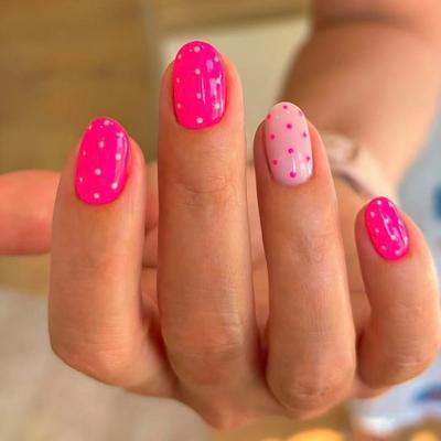 24pcs Short Oval Press On Nails Fake Nails French Minimalist Rose Red Polka Dot, Sweet Chic Styles, Full Coverage Daily Nail Stickers