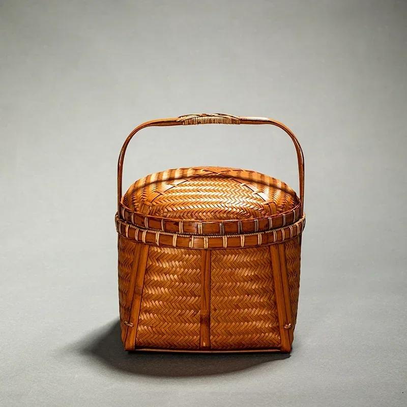 

Handmade Bamboo Woven Picnic Basket Retro Portable Tea Set Storage Traditional Craft Household Organizer Picnic Box