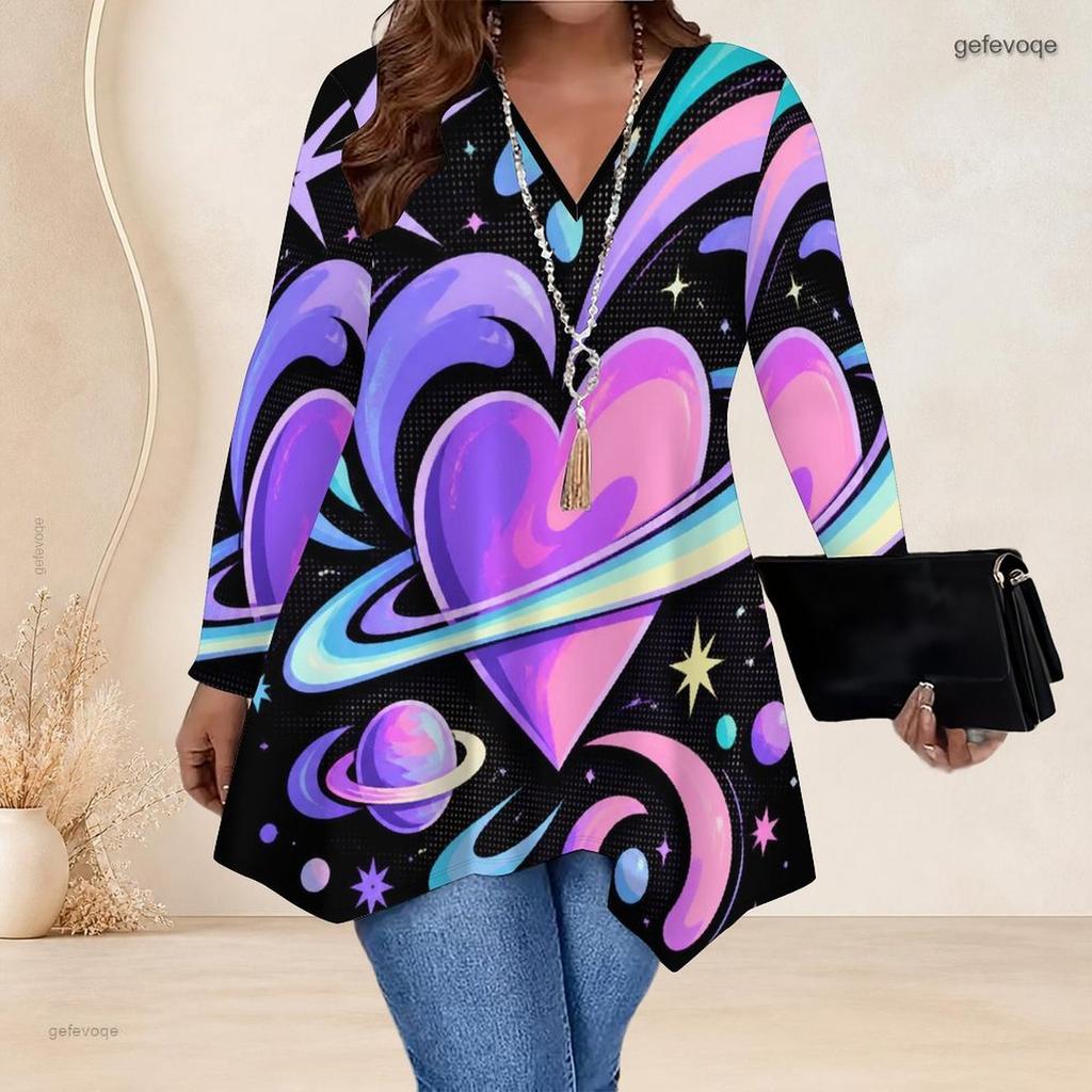 Women Plus Size V Neck Long Sleeve Printed Asymmetric Hem Flared Tunic Top