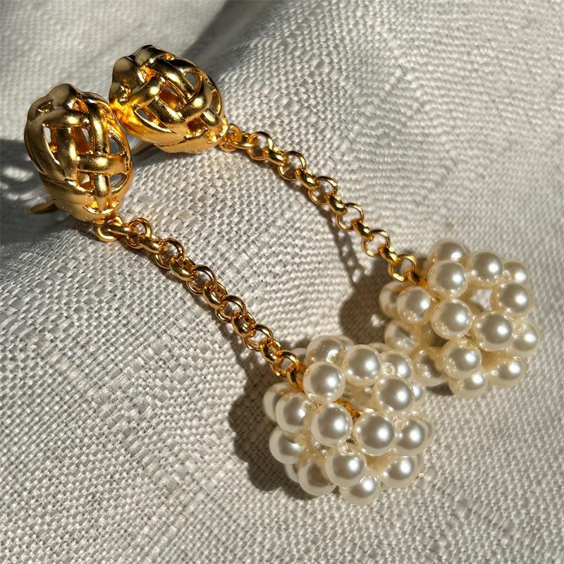 MOY Handmade Metal Woven Birdcage Pearl Tassel Ear Clips for Women