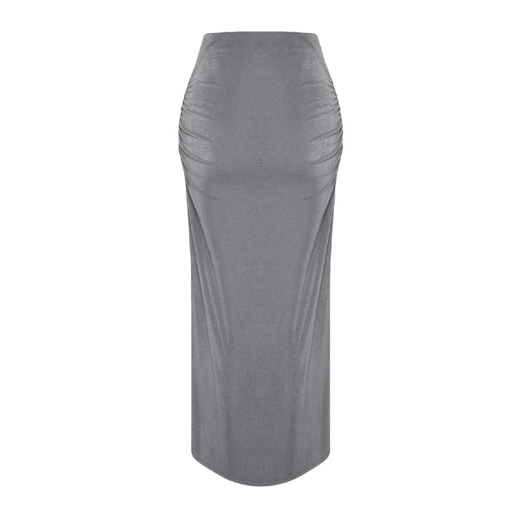 Navy Blue Premium Shiny Surface And Soft Textured Draped Maxi Knitted Skirt Twoaw24et00090