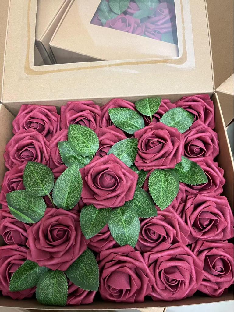8CM Faux Rose Flower Gift Box Set with Leaves - Includes 25 or 50 Flowers for Home Decoration