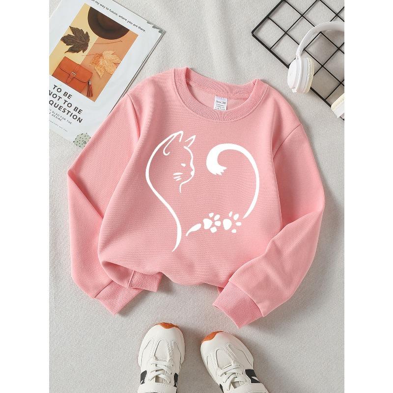 Cat Paw Heart Silhouette Girls' Crew Neck Fashion Sweatshirt, Autumn and Winter Western Style Top, Children's Long Sleeved T-shirt
