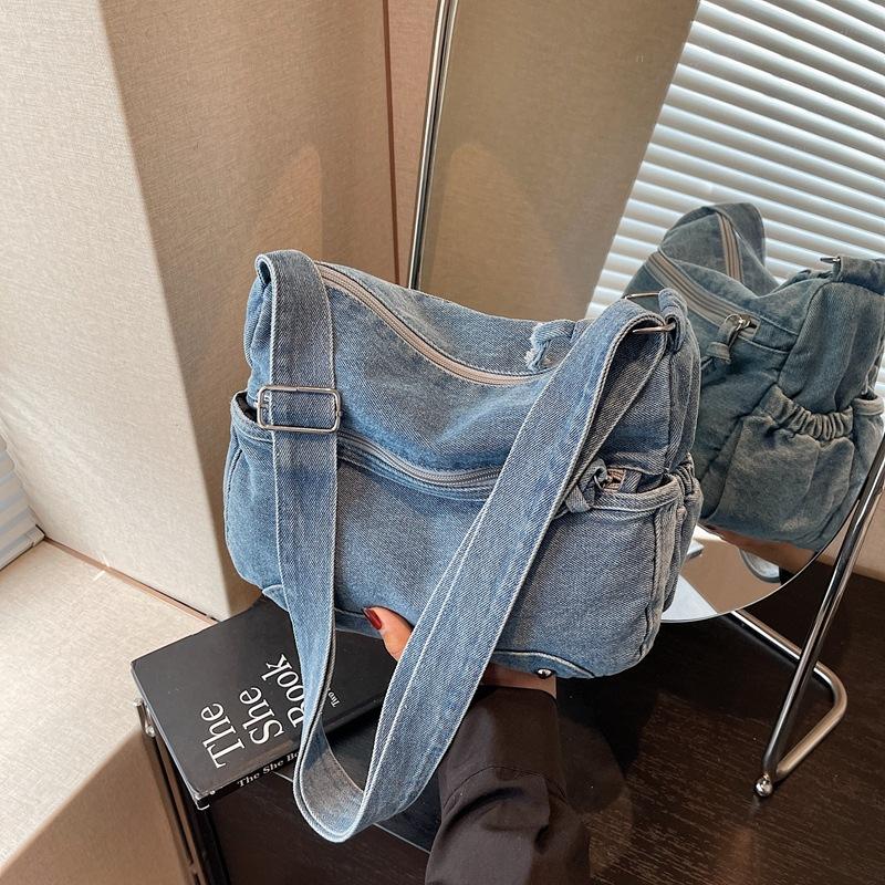 Women's bag new messenger bag women's large-capacity washed denim bag multi-compartment shoulder bag