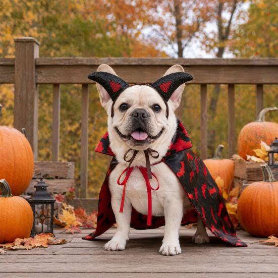 1 Set Gothic Devil Pet Clothes, Adjustable Devil Horn Headband Bat Print Cloak, Halloween Dog Devil Costume Set for Cats Dogs Party Outfit Cosplay