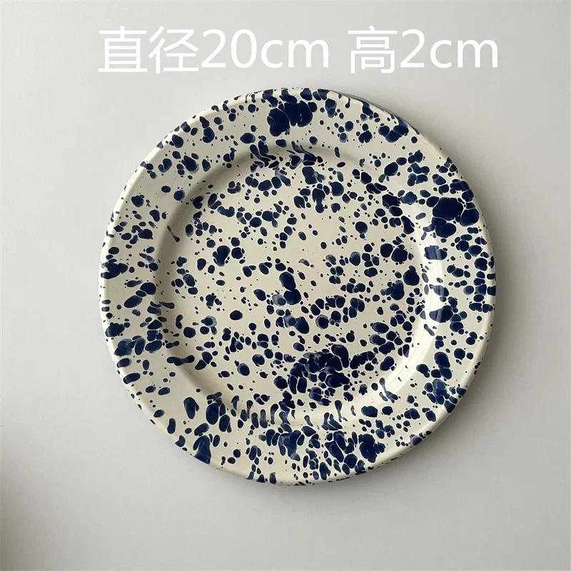 Piatto Rotondo Blu Navy Stoviglie Smalto Yogurt Avena Piatti per Colazione Tazze da Caffè Piatti per Insalata di Frutta Stoviglie Domestiche