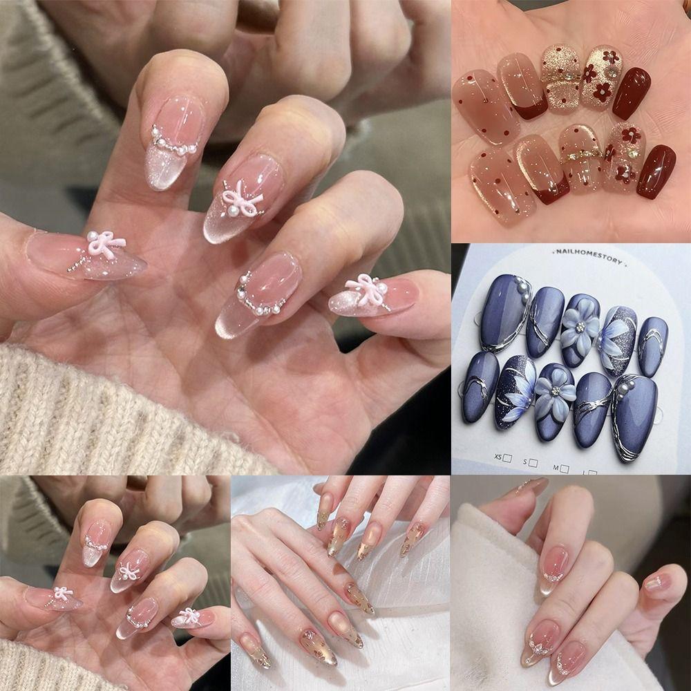 30pcs Long Square and Almond False Nails Crystal and Bow Knot French Press On Nails Cat Eye Flowers Detachable Nail Tips Women