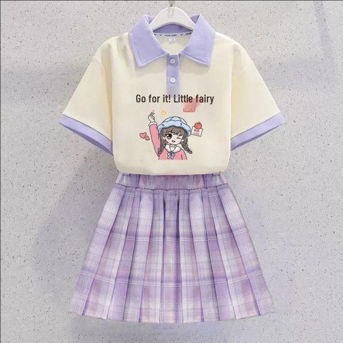 Kuromi Girls' Summer Cartoon JK Skirt Set - Short Sleeve Dress for Middle and Big Kids