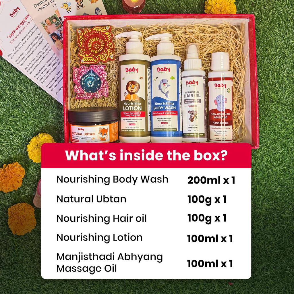 BabyOrgano Gift Set - Baby's First Skin Care Combo | Body Wash 200ml | Natural Ubtan 100gm | Nourishing Hair Oil | Body Lotion | Massage Oil 100ml
