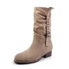 Sheepskin Vintage Skinny Pleated Pile Boots Brown Merad Medium Boots Women's Coarse Heel Western Cowboy Boots Short Boots