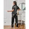 Elegantes Satin-Pyjama-Set für Damen mit Blumen- und Vogeldruck, kurzärmliges Oberteil mit Revers und Hose, bequeme, entspannte Passform, Sommernacht