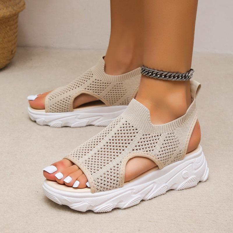 Women's Wide Width Flyknit Platform Sandals - Peep-Toe Beach Shoes for Summer, Breathable Chunky Sole Mules