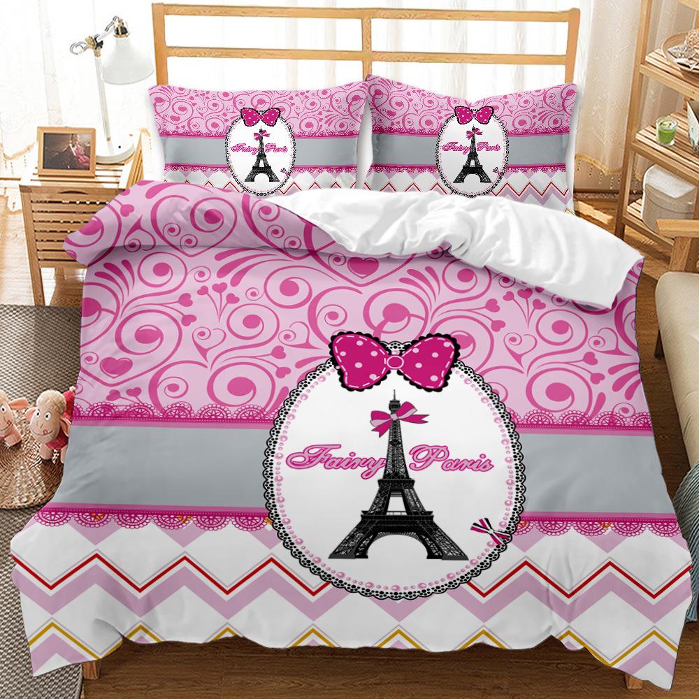 British Style Duvet Cover Set Cartoon Small Fresh I Love Paris Bedding Set For Kid Teen Polyester Paris Street Scene Quilt Cover